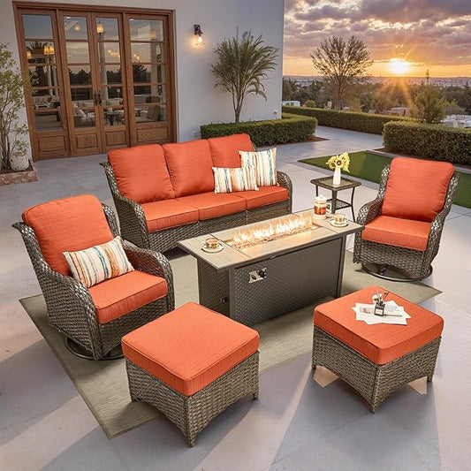 ovios 7 Pieces Patio Furniture Set, Outdoor Wicker Sofa Couch with Swivel Chairs 54" Fire Pit Table, All Weather High Back Modern Conversation Sets, Brown Rattan, Orange Red