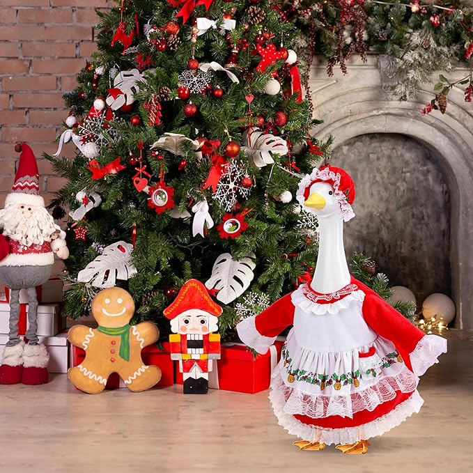 2 Pcs/Set Christmas Mrs. Claus Porch Goose Outfits, Lawn Goose Statue Mrs. Claus Costume, Red Green White Christmas Garden Goose Clothes Dress and Hat for 23" High Statue Xmas Holiday Patio Yard Decor