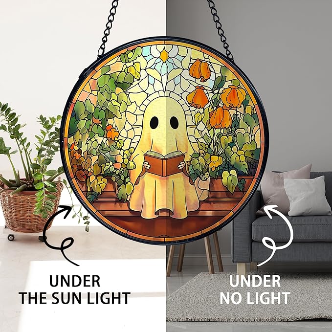 TNUW Halloween Ghost Reading Book Stained Glass Window Hanging, Ghost Bookish Flower Sun Catchers Indoor Window Glass Round Wall Art Decor, Book Lovers Gifts Wall Hanging Decorations, 7.9＂x7.9＂