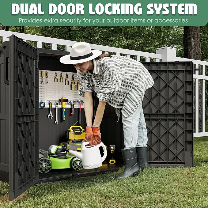 Horizontal Resin Storage Shed 36 Cu Ft with Lockable Doors, Portable Outdoor Storage Cabinet -Easy to Assemble,Sheds & Outdoor Storage, Waterproof Outdoor Storage Box for Backyards,Black