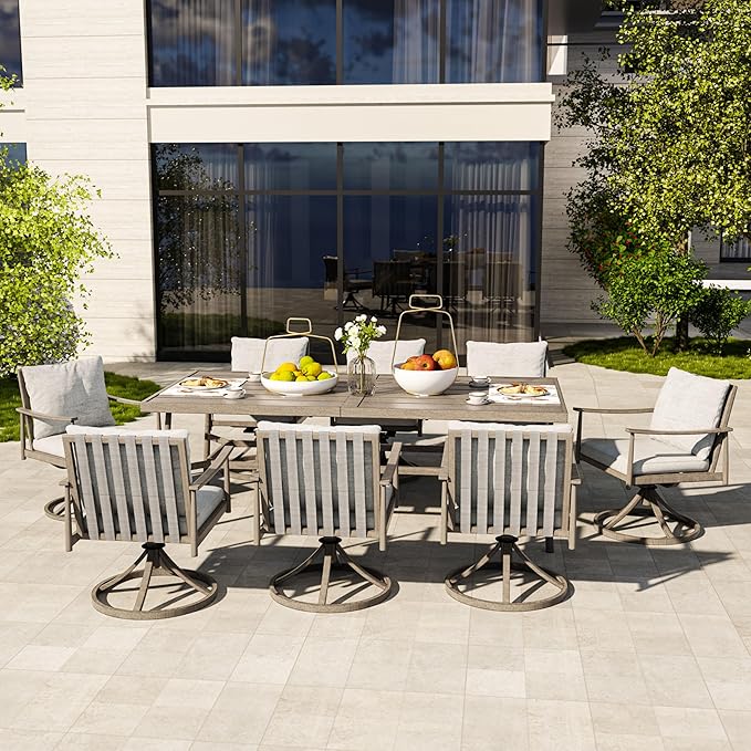 HAPPATIO 9-Piece Patio Table and Chairs Set for 8, Aluminum Outdoor Dining Set with Cushions, 8 Swivel Dining Chairs, 1 Large Rectangular Table with Umbrella Hole for Lawn, Porch, Backyard, Grey