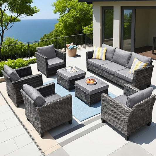 ovios Patio Furniture Set, 7 Pieces Outdoor Wicker Sofa Couch with 4 Chairs, Ottomans and Comfy Cushions, All Weather High Back Rattan Conversation Set, Dark Grey