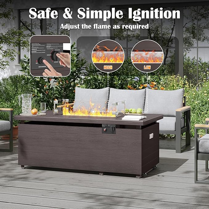 Sundale 50 Inch Outdoor Fire Pit Table, 50,000BTU Rectangle Propane Fire Pit with Glass Wind Guard, Rain Cover, Removable Lid, CSA Certified, Brown