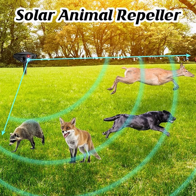 Ultrasonic Animal Repellent Outdoor Solar Powered Repeller Cat Dog Deer Deterrent Waterproof Motion Sensor Deterrent for Yard Garden Rabbit Squirrels Fox Pest(Black,2 Pieces)