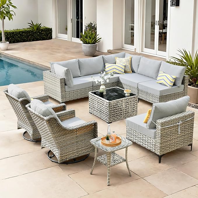 HOOOWOOO Outdoor Patio Furniture Set,10 Pieces Wicker Out Door Sectional Furniture L Shaped Couch,Patio Conversation Sets with Swivel Rocking Chair LED Table,Light Gray