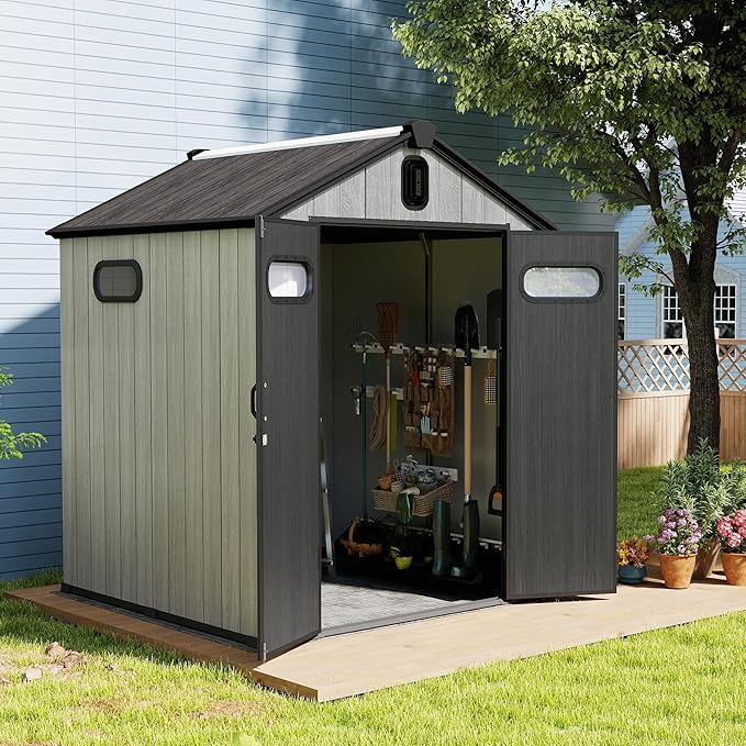 Domi 6x6FT Resin Outdoor Storage Shed with Lockable Door, Waterproof Outside Sheds with Windows & Vents, Heavy-Duty Plastic Tool Storage Shed for Patio Furniture, Lawn Mower, Bike