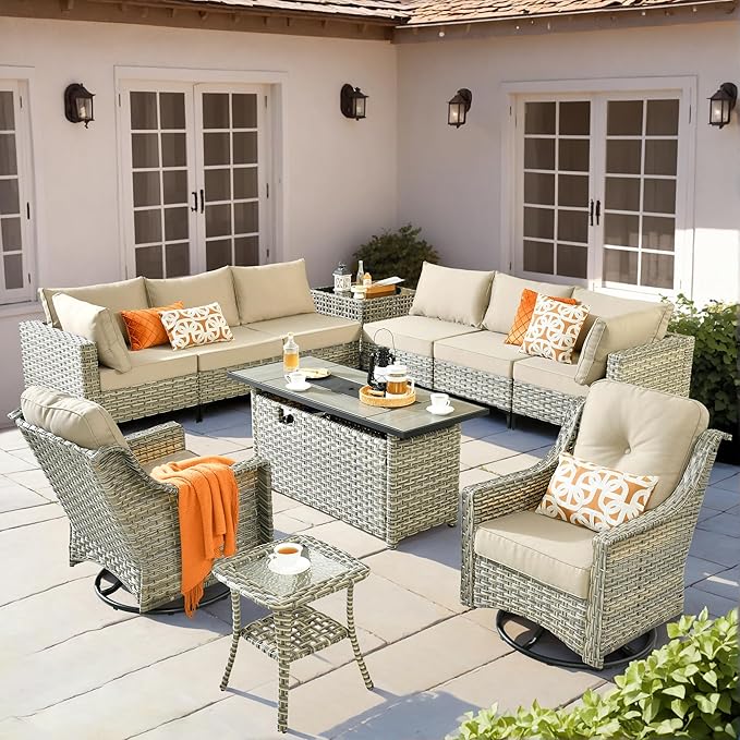 HOOOWOOO Outdoor Patio Furniture Set with Fire Pit Table,11 Pieces Wicker Out Door Sectional Furniture L Shaped Couch,Outside Patio Conversation Swivel Chair Sets,Beige