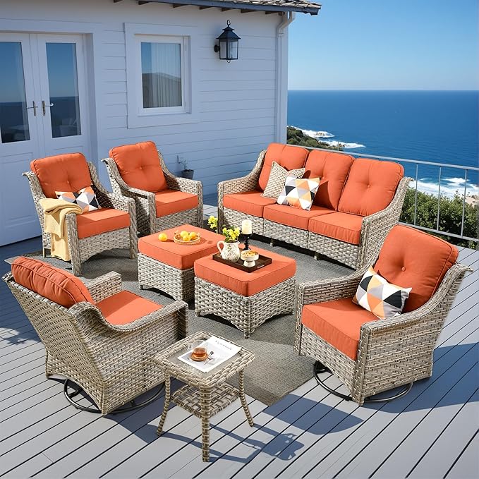 8 Pieces Patio Outdoor Furniture Set with Swivel Rocking Chairs,All Weather Wicker Rattan Patio Seating Sofa and Chair Set w/Ottoman,Outdoor Conversation Sets for Deck Yard Garden,Red