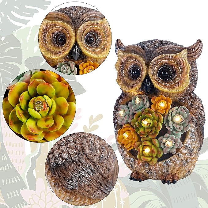 FORUP Owl Garden Statue, Resin Owl Figurine Garden Lawn Ornaments with Solar LED Lights for Outdoor Yard Garden Decorations