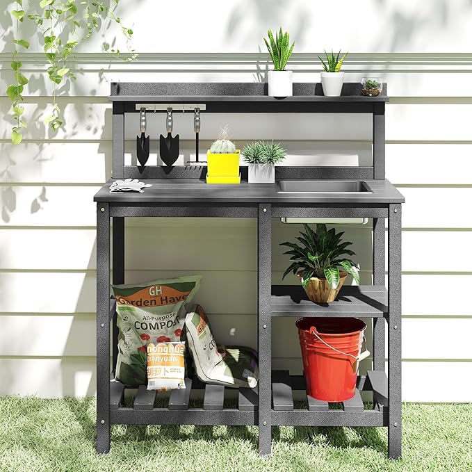 FOOWIN Potting Bench, HDPE Outdoor Potting Table with Sink, All-Weather Potting Benches for Outside, Gardening Table with Storage Shelf, Hook, for Garden, Patio, Lawns, Grey