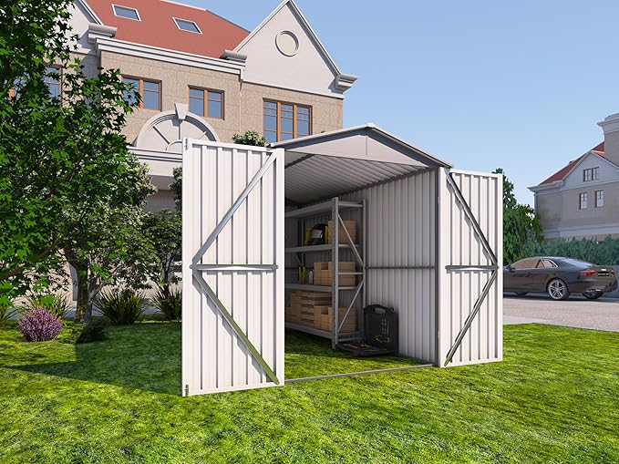 6x10 FT Outdoor Storage Shed, Metal Motorcycle Shed with Window, Storage Building with Lockable Hinged Doors & Sloped Roof, Waterproof Outside Garage Sheds for Garden, Backyard, Patio, Gray+White