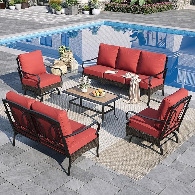 Sophia & William Patio Furniture Set, 5PCS Metal Outdoor Conversation Set with 3-Seater Outdoor Couch, 2 Sofa Chairs, 1 Loveseat,1 Coffee Table for Outdoor Seating, Backyard, Porch(Red)