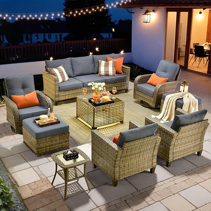 HOOOWOOO Outdoor Patio Furniture Set,9 Pieces Wicker Conversation Set,All Weather Couch Set with Swivel Chairs Solar Light Table Ottoman 9 Seaters for Out Door Yard(Denim Blue)