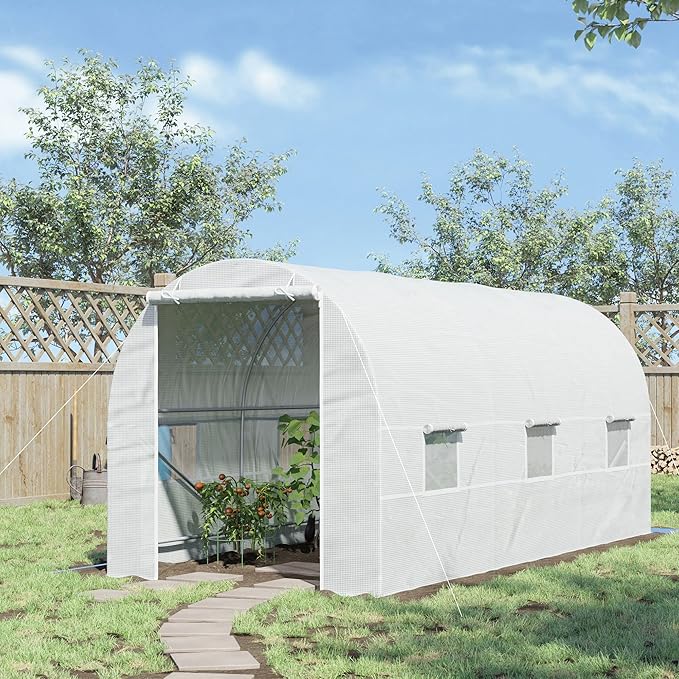 Outsunny 15' x 7' x 7' Walk-in Tunnel Greenhouse, Large Garden Hot House Kit with 6 Roll-up Windows & Roll Up Door, Steel Frame, White