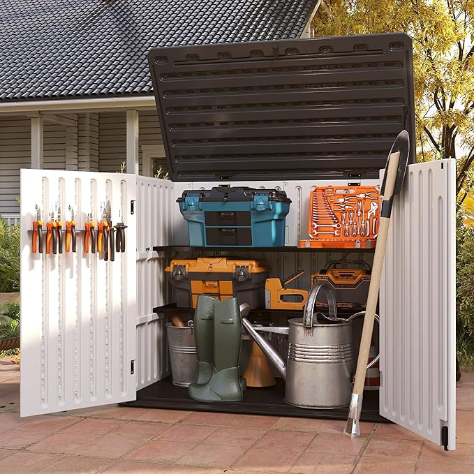 Vertical Resin Storage Shed with 2 Shelves, 47 Cuft Garden Tool Sheds & Outdoor Storage, Plastic Outdoor Storage Cabinet Waterproof, 4.5x2.8 ft Backyard Outside Lawn Mower Storage Shed, White