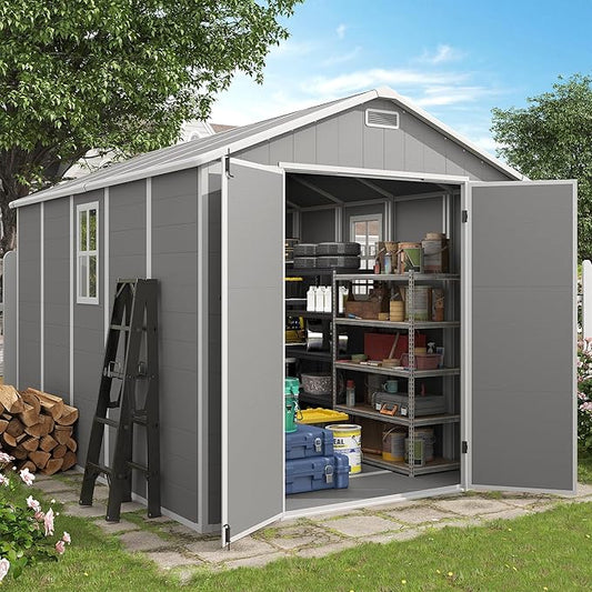 Outdoor Storage Shed, 8x10 FT Resin Shed with Floor and Lockable Door, Window & Vents, Tool Sheds and Outdoor Storage for Bike, Tools, Garden Accessories, Waterproof Grey & White