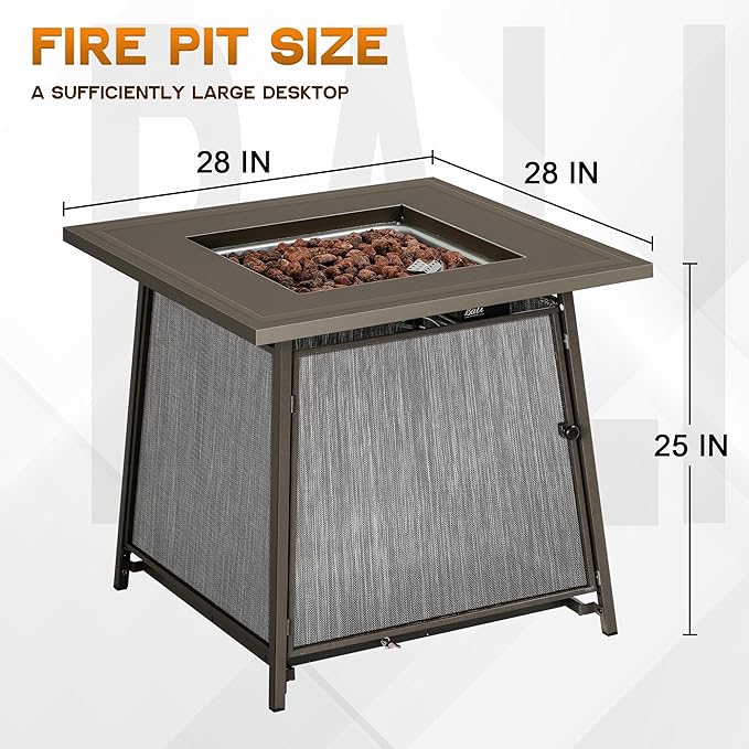 BALI OUTDOORS 50,000 BTU Propane Fire Pit Outdoor, 28 inch Propane Fire Pit Table Square, Gas Firepits for Outside Patio, Garden, Backyard