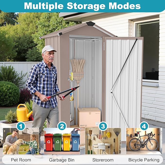 2.5x1.4 FT Outdoor Storage Shed, Metal Tool Shed with Lockable Doors & Peaked Roof, Galvanized Steel Garden Shed for Backyard Garden Patio Lawn, Brown