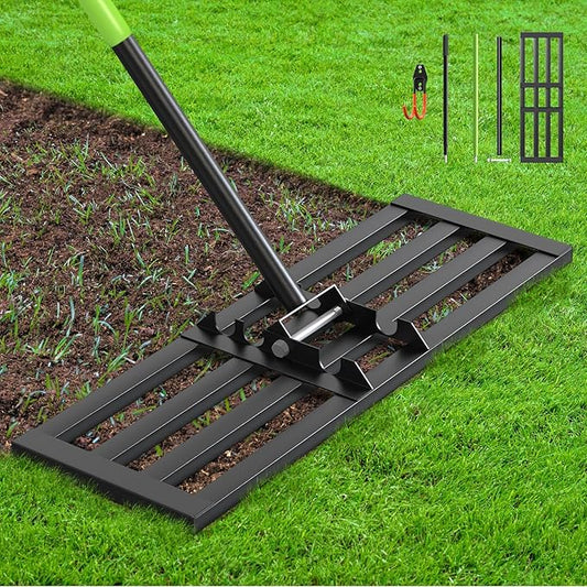 Seeutek Lawn Leveling Rake, 30” x 10” Lawn Leveler with 6.5FT Stainless Steel Handle Rakes for Lawns, 0-180° Adjustable Ground Leveler Tool for Yard, Level Soil Sand Dirt Surfaces