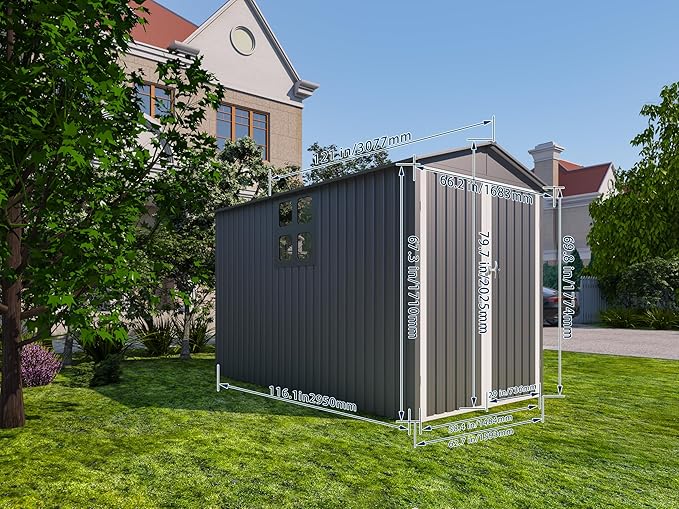 6x10 FT Outdoor Storage Shed, Metal Motorcycle Shed with Track & Fixing Device, Storage Building with Window & Lockable Hinged Doors, Waterproof Outside Garage Sheds for Garden, Backyard, Gray+White