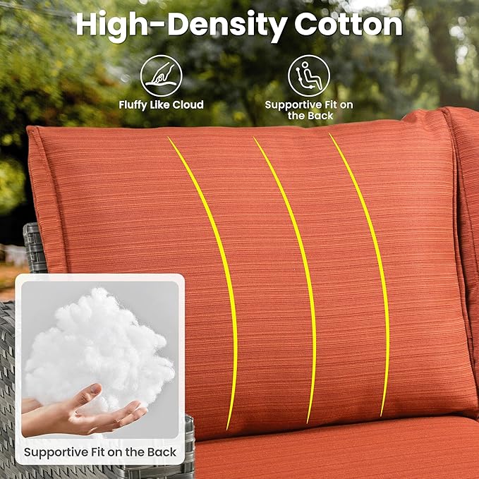 ovios 6 Pieces Patio Furniture Set, Outdoor Wicker Sofa Couch with Rocking Swivel Chairs Comfy Cushions, Modern Deep Seat Rattan Conversation Sets for Porch Deck, Orange Red