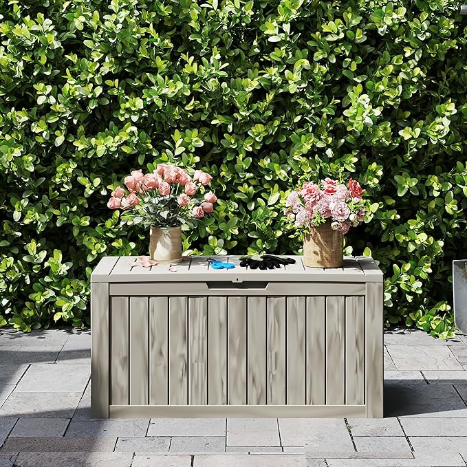 80 Gallon Coffee Resin Deck Box - Rustic Outdoor Storage for Garden Tools, Patio Essentials & Package Delivery - Weatherproof, Lockable for Farmhouse Decks