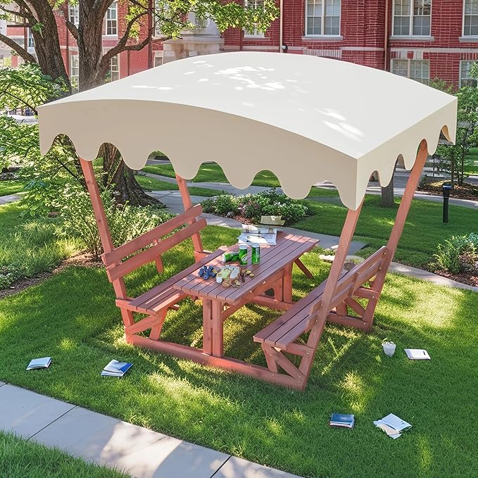 Outdoor Waterproof Solid Wood Picnic Table with Removable Canopy & Benches, Rectangle Tabletop, All-Weather for Patios, Gardens, Decks, Parks, Beaches