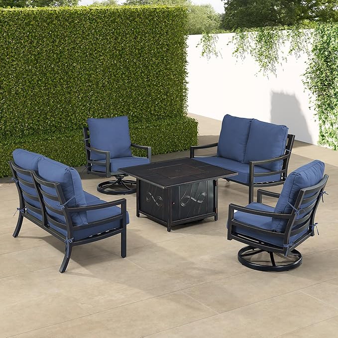 Oakland Living Black Aluminum Patio Fire Table Set with Two Deep Seating Loveseat with Cushions and Two Club Chairs with Blue Cushions