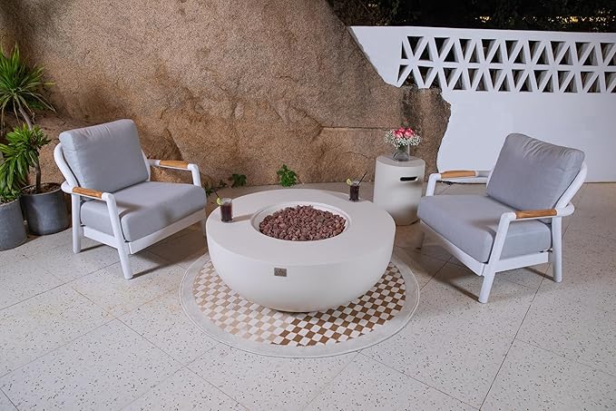 AMS Creations | Eclipse 44" Round Cast Concrete Propane Gas Fire Pit Bowl Table | Cream White | Smooth Texture Surface | Electronic Ignition | Outdoor Patio Heater Outside Backyard Fireplace