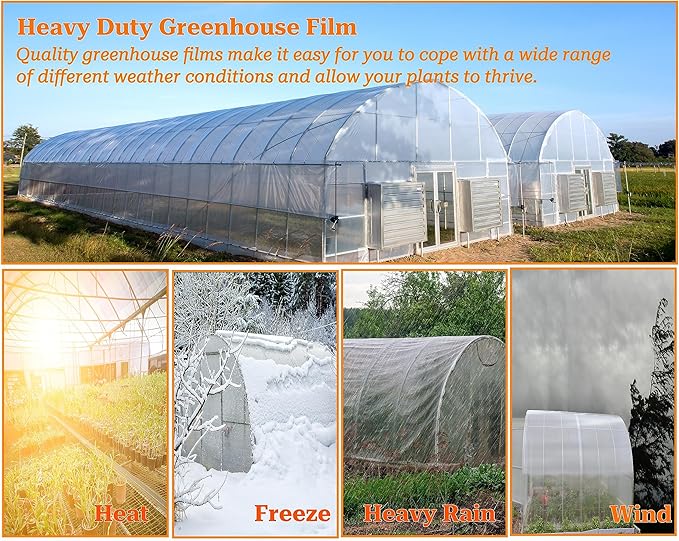 Greenhouse Film 25 x 40Ft Greenhouse Plastic Plant Covers Freeze Protection UV Resistant PE Clear Film for Plants Dust Proof Resist Cold Weather Heavy Rainfall Strong Winds