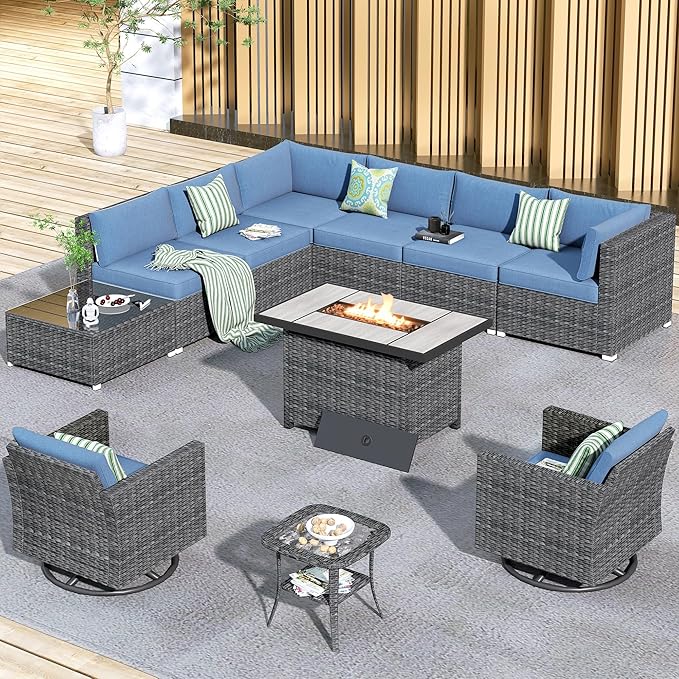 HOOOWOOO 11 Piece Patio Sectional Furniture Set with Fire Pit Table,Modern Wicker Outdoor Conversation Sofa Sets,Weather Resistant Modular L Shaped Outside Couch Swivel Chair Set(Denime Blue)
