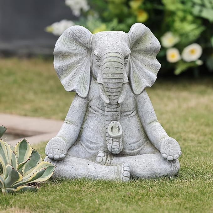 LuxenHome Elephant Garden Statue,16.34'' Gray MgO Meditating Elephant Statue Unique Lucky Elephant Decor Zen Sculptures for Garden Patio Home & Office Decor Housewarming Gift