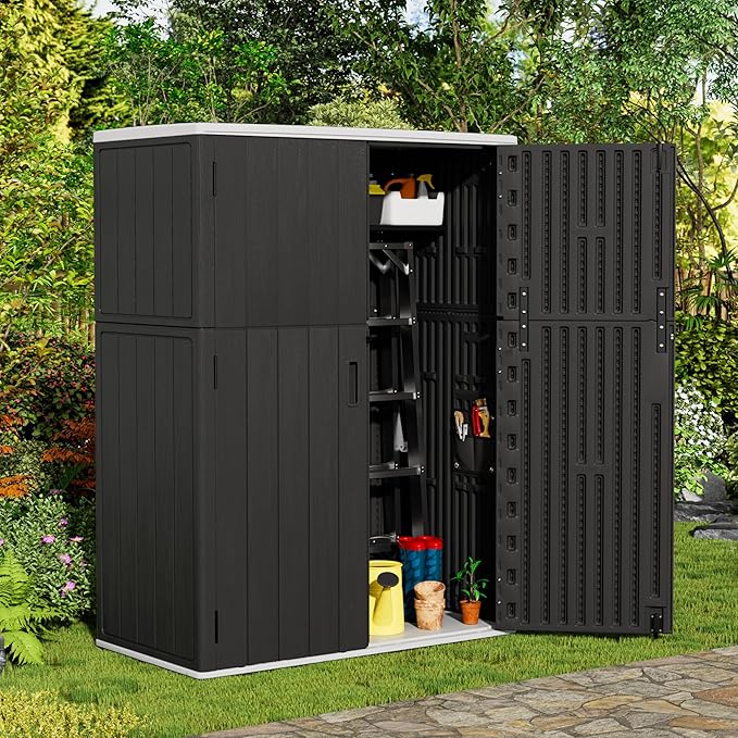 Vertical Outdoor Storage Cabinets, Plastic Sheds&Outdoor Storage with Floor,Outdoor Storage Box Waterproof/Lockable for Garage,Bike,Tools Storage Shed (57Cu.ft-Black White)