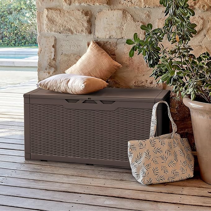 Greesum 100 Gallon Resin Patio Storage Box for Garden Tools, Outdoor Furniture Cushions, Pool Supplies, Dark Brown