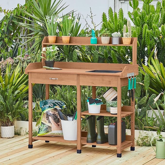 Yaheetech Potting Bench Outdoor Garden Work Bench Station Planting Solid Wood Construction for Horticulture w/Sink Drawer Rack Shelves Brown