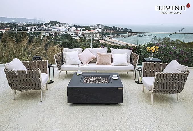Elementi+ | Roraima Gas Fire Pit Cast Concrete 40" Square Fire Table, Outdoor Fire Pit Electronic Ignition | Canvas Cover, Fire Glass and Burner Lid Included | Dark Gray | Natural Gas