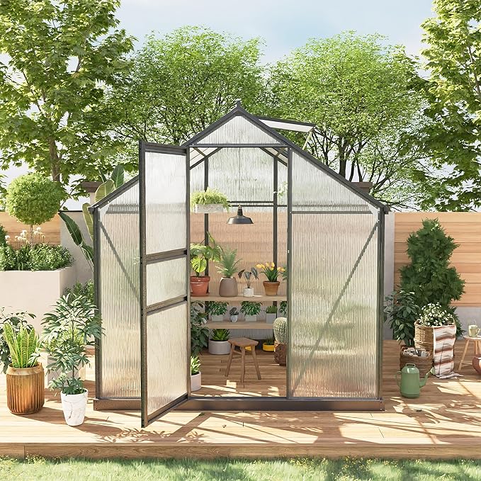 6*10 FT Outdoor Walk-in Greenhouse, Polycarbonate Green House, Heavy Duty Greenhouse with Vented Roof Window, Windproof Aluminum Frame, Suitable for Outside Gardening, Backyard, Patio