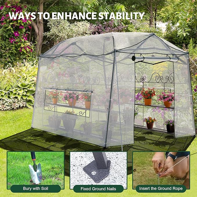 8.5 x 7 FT Walk-in Greenhouse, Portable Pop-up Green House 3 Adjustable Hights Heavy Duty Plant Gardening Canopy with Durable PE Cover for Indoor Outdoor (Clear and White)