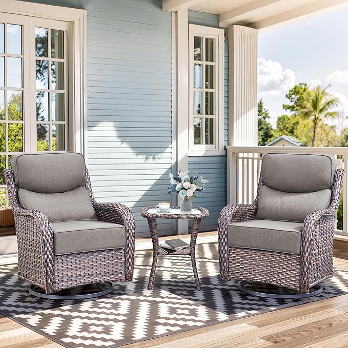 Luxury High Back Outdoor Swivel Rocker Patio Chairs with Side Table & 6-Inch Thick Cushions, 3 Pieces Patio Furniture Set for Porch, Balcony, Deck and Yard