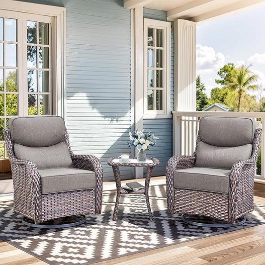 Luxury High Back Outdoor Swivel Rocker Patio Chairs with Side Table & 6-Inch Thick Cushions, 3 Pieces Patio Furniture Set for Porch, Balcony, Deck and Yard