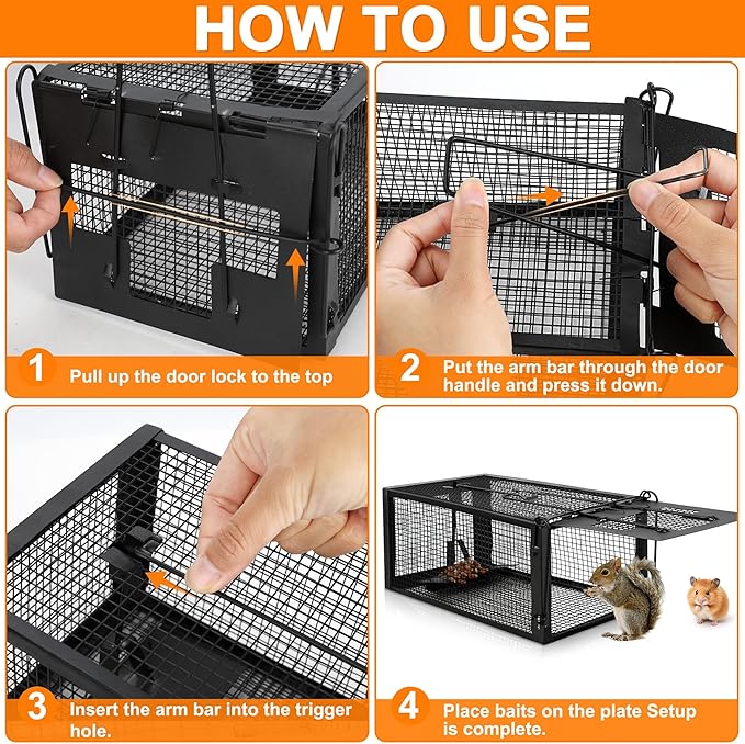 2 Pack Humane Rat Traps - Live Mouse Rat Cage Traps Catch and Release for Indoor Outdoor, Small Animals Traps, Easy to use(12.6''*5.5''*4.7'') Black