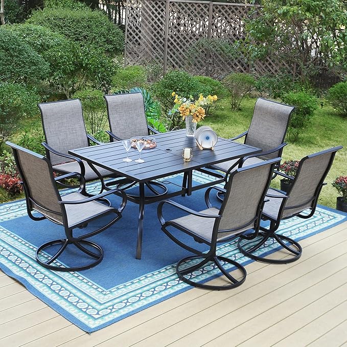 PHI VILLA 7 PCS Patio Dining Set, Rectangle Metal Table with 1.57" Umbrella Hole and 6 High Back Textilene Swivel Chairs, Suitable for All Weather