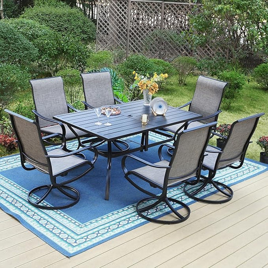 PHI VILLA 7 PCS Patio Dining Set, Rectangle Metal Table with 1.57" Umbrella Hole and 6 High Back Textilene Swivel Chairs, Suitable for All Weather
