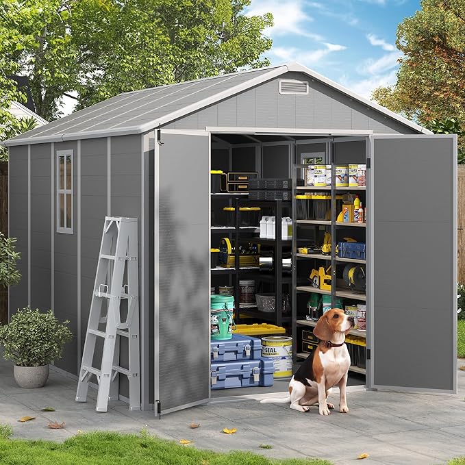 Outdoor Storage Shed, 8x10 FT Resin Shed with Floor and Lockable Door, Window & Vents, Tool Sheds and Outdoor Storage for Bike, Tools, Garden Accessories, Waterproof Grey & White