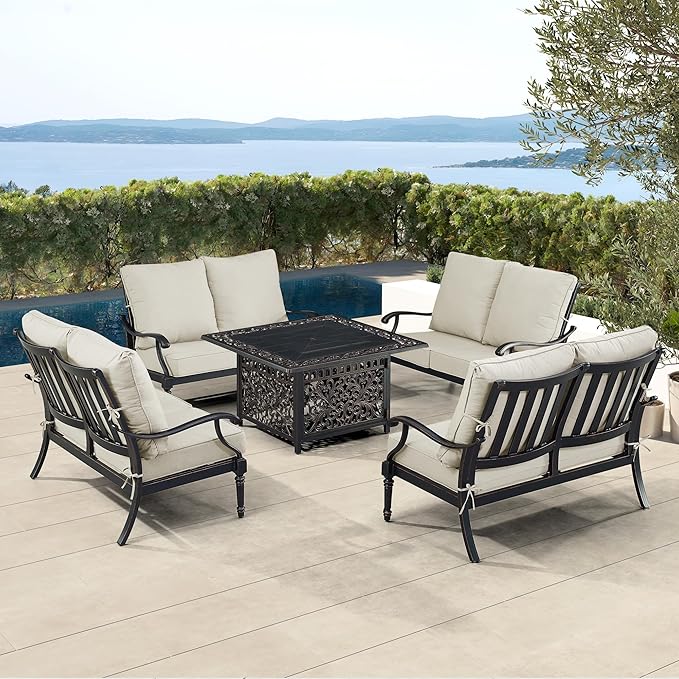 Oakland Living Black Aluminum Patio Fire Table Set with Four Deep Seating Loveseat with Cushions with Light Grey Cushions