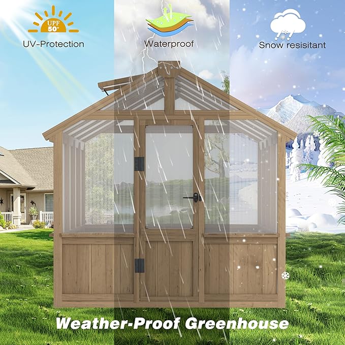 BlueWish 6x8FT Greenhouse, 6mm Polycarbonate Greenhouses with Cedar Frame, Wood Greenhouse with Adjustable Vent, Green House for Outside, Garden, Backyard