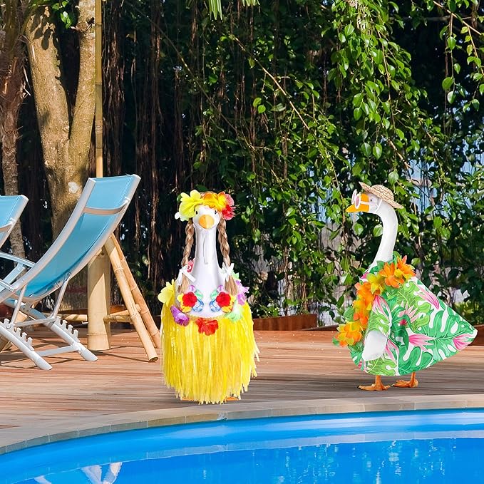 DECOHS 2 Set Hawaiian Porch Goose Outfits, Summer Bikini Lawn Goose Costume, Yard Goose Clothes Grass Skirt Straw Hat with Wreath Glasses Wig for 23" Statue Patio Garden Decoration