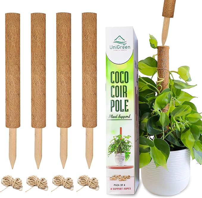 UNIGREEN Premium Moss Pole, Coir Totem Poles for Indoor Plants, Moss Sticks, Garden Ties - Support and Train Creepers and Climbing Plants (4Pack 18'' (Stackable))