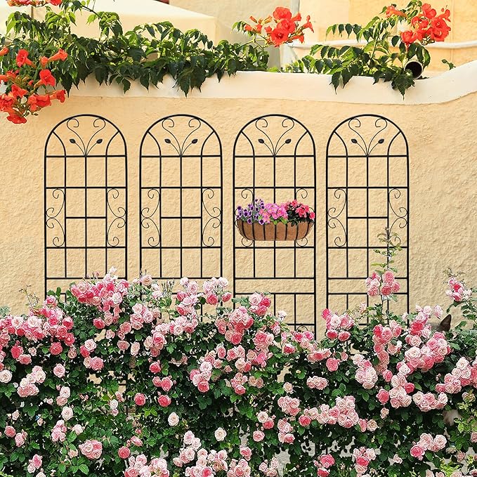 6 Pack Metal Garden Trellis 86.7" Tall Outdoor Climbing Plant Support for Roses, Flowers, Rustproof Durable Black Galvanized Tube, Lawn Garden Fence Decor Screen, 86.7" H