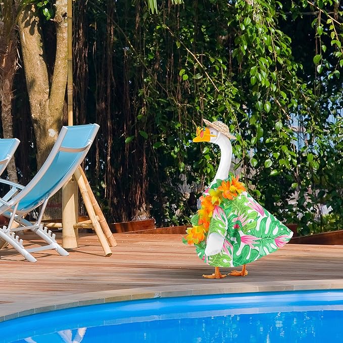 DECOHS 4 Pcs/Set Hawaiian Porch Goose Outfits, Summer Lawn Goose Costume, Yard Goose Clothes Hawaiian Wreath with Straw Hat Glasses for 23" Statue Patio Garden Decoration